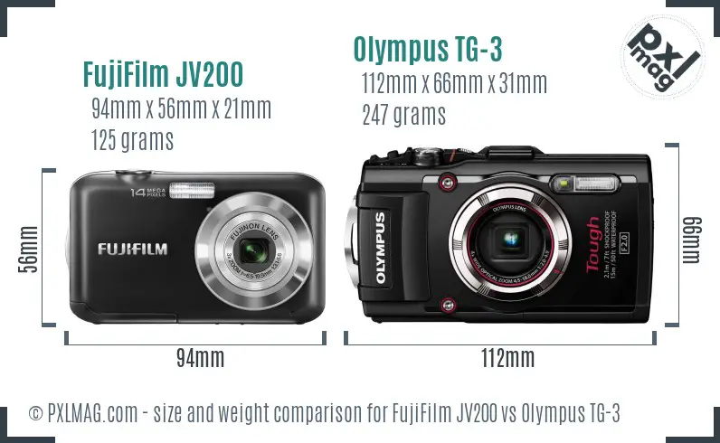 FujiFilm JV200 vs Olympus TG-3 size comparison