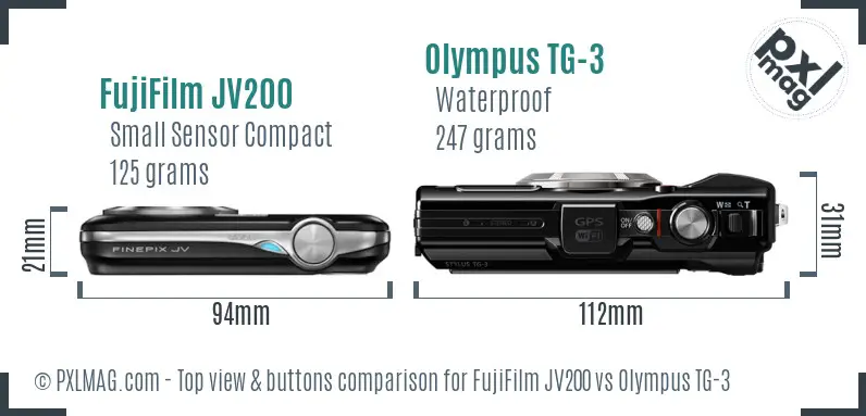 FujiFilm JV200 vs Olympus TG-3 top view buttons comparison