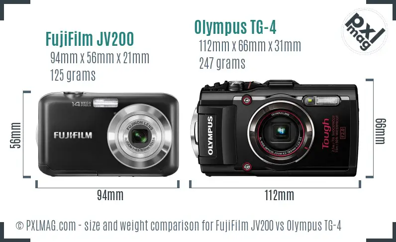 FujiFilm JV200 vs Olympus TG-4 size comparison