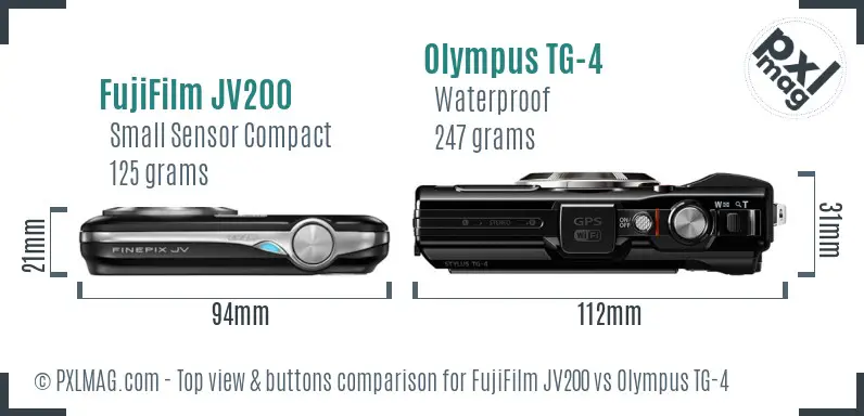 FujiFilm JV200 vs Olympus TG-4 top view buttons comparison