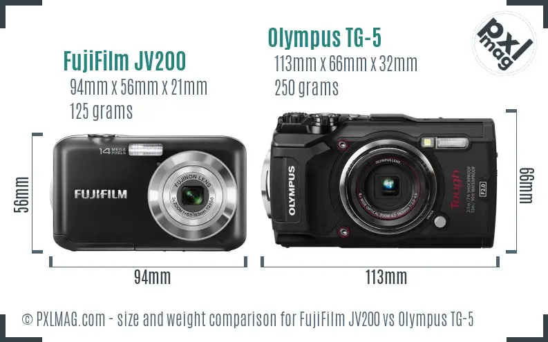 FujiFilm JV200 vs Olympus TG-5 size comparison
