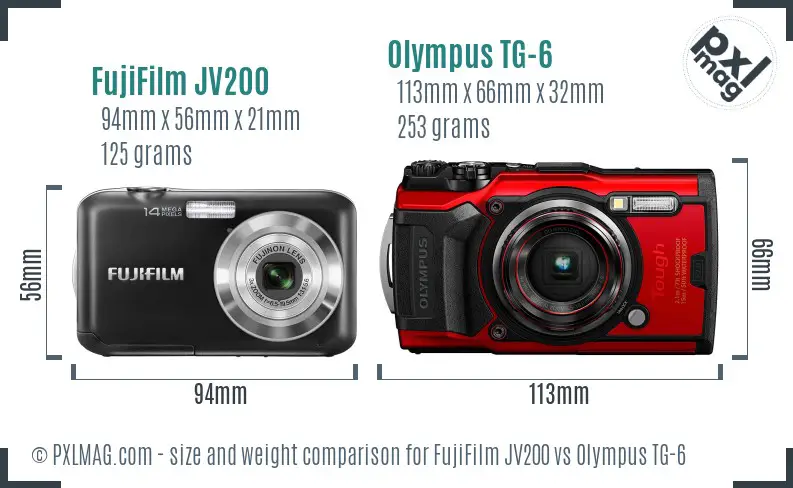 FujiFilm JV200 vs Olympus TG-6 size comparison