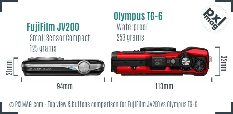 FujiFilm JV200 vs Olympus TG-6 top view buttons comparison
