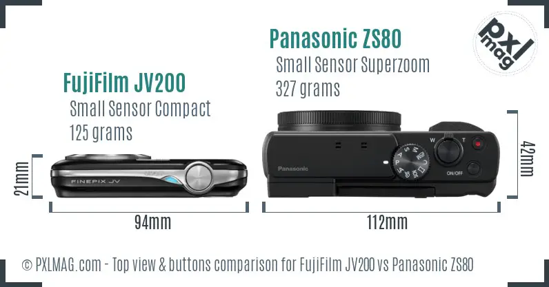 FujiFilm JV200 vs Panasonic ZS80 top view buttons comparison