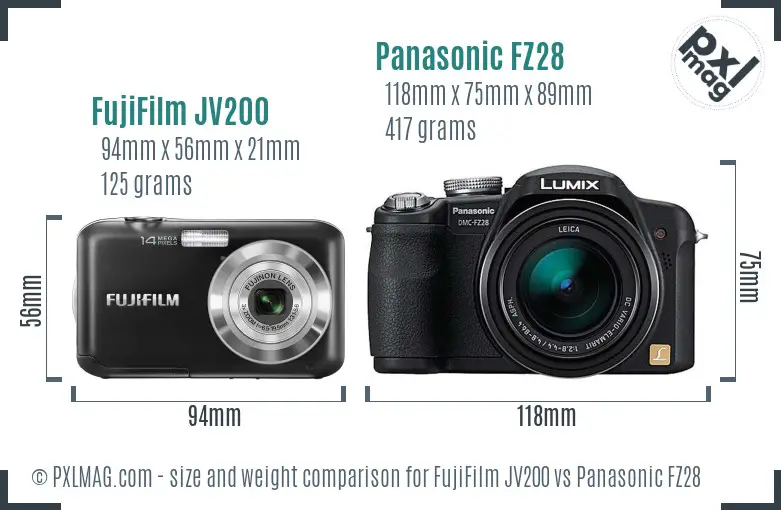 FujiFilm JV200 vs Panasonic FZ28 size comparison
