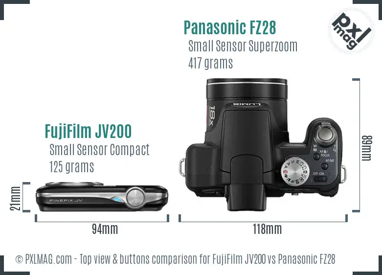 FujiFilm JV200 vs Panasonic FZ28 top view buttons comparison