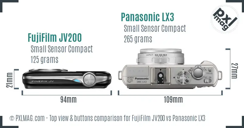 FujiFilm JV200 vs Panasonic LX3 top view buttons comparison