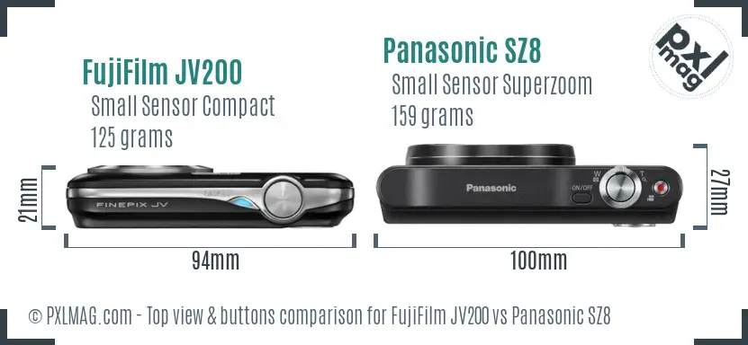 FujiFilm JV200 vs Panasonic SZ8 top view buttons comparison