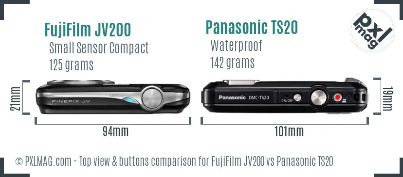 FujiFilm JV200 vs Panasonic TS20 top view buttons comparison