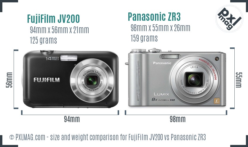 FujiFilm JV200 vs Panasonic ZR3 size comparison