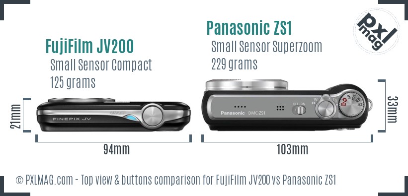 FujiFilm JV200 vs Panasonic ZS1 top view buttons comparison