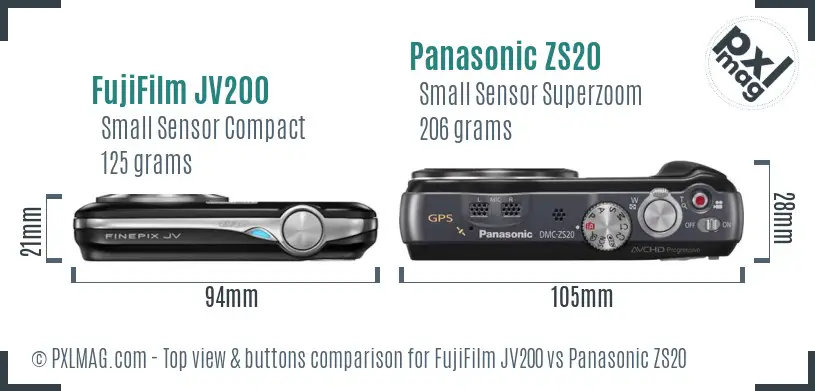 FujiFilm JV200 vs Panasonic ZS20 top view buttons comparison FujiFilm JV200 vs Panasonic ZS20 top view buttons comparison