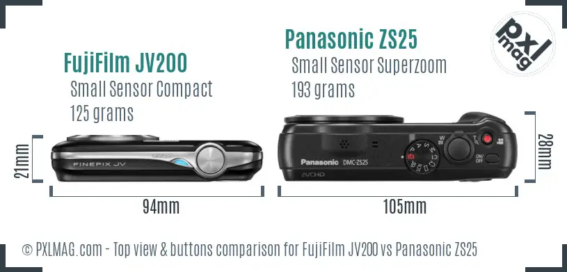 FujiFilm JV200 vs Panasonic ZS25 top view buttons comparison FujiFilm JV200 vs Panasonic ZS25 top view buttons comparison