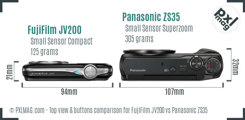 FujiFilm JV200 vs Panasonic ZS35 top view buttons comparison