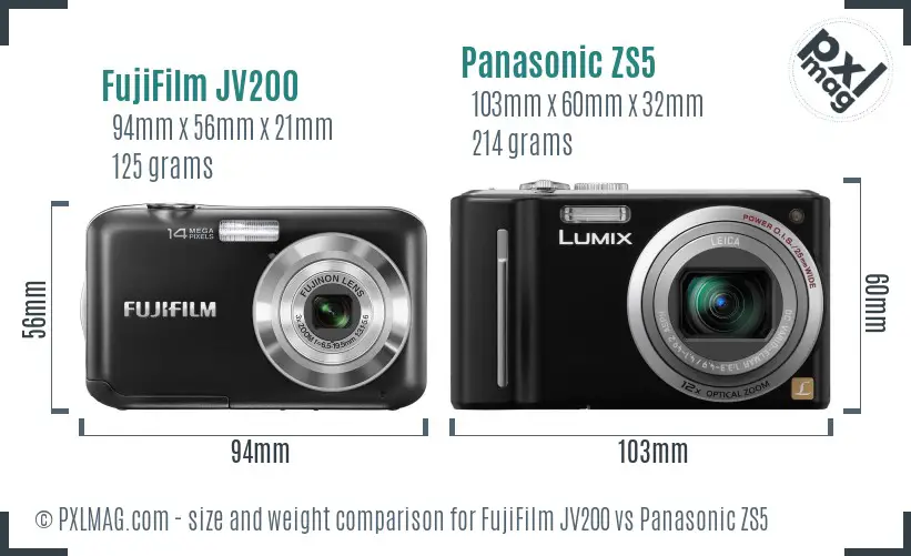 FujiFilm JV200 vs Panasonic ZS5 size comparison