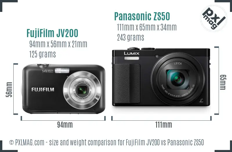 FujiFilm JV200 vs Panasonic ZS50 size comparison