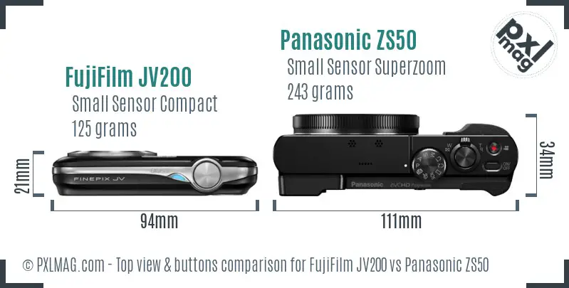 FujiFilm JV200 vs Panasonic ZS50 top view buttons comparison