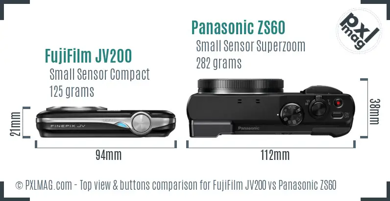 FujiFilm JV200 vs Panasonic ZS60 top view buttons comparison