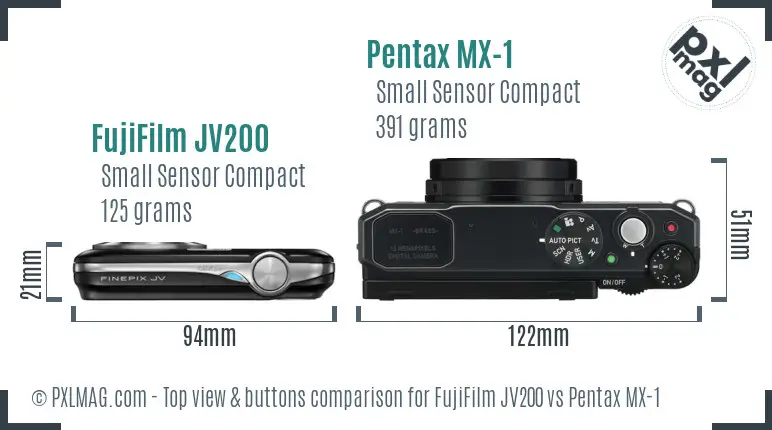 FujiFilm JV200 vs Pentax MX-1 top view buttons comparison