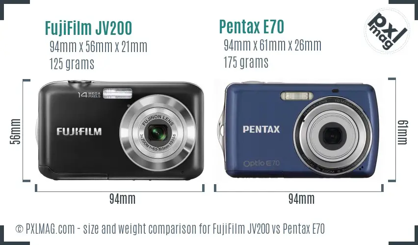 FujiFilm JV200 vs Pentax E70 size comparison