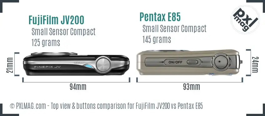 FujiFilm JV200 vs Pentax E85 top view buttons comparison FujiFilm JV200 vs Pentax E85 top view buttons comparison