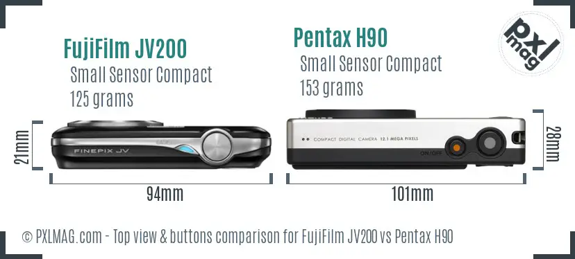 FujiFilm JV200 vs Pentax H90 top view buttons comparison