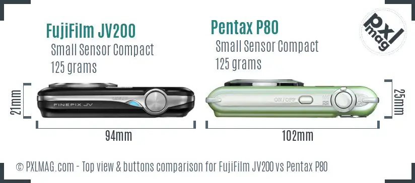 FujiFilm JV200 vs Pentax P80 top view buttons comparison