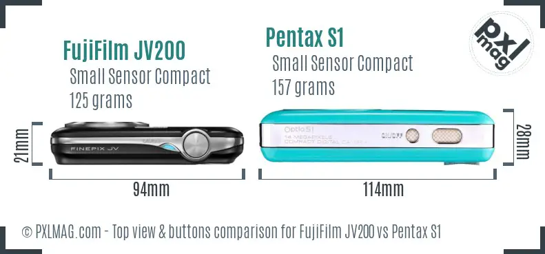 FujiFilm JV200 vs Pentax S1 top view buttons comparison FujiFilm JV200 vs Pentax S1 top view buttons comparison