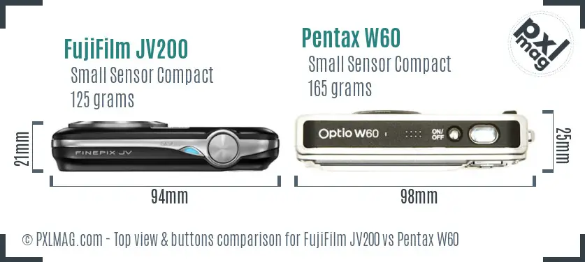 FujiFilm JV200 vs Pentax W60 top view buttons comparison