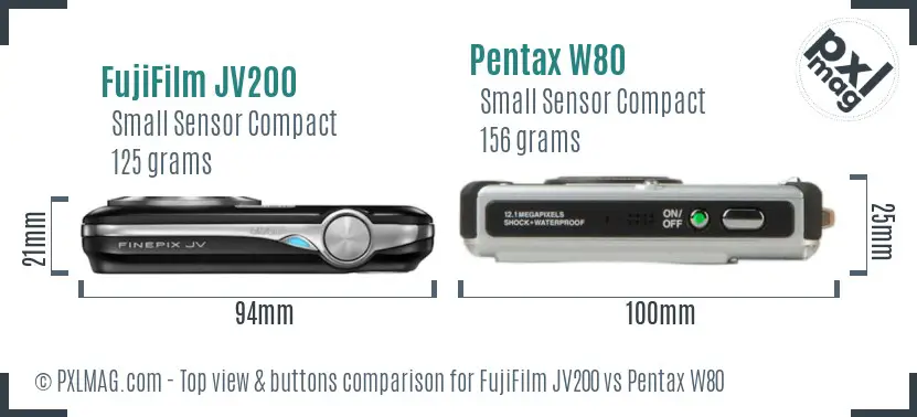 FujiFilm JV200 vs Pentax W80 top view buttons comparison