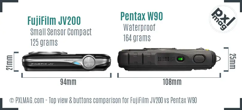 FujiFilm JV200 vs Pentax W90 top view buttons comparison