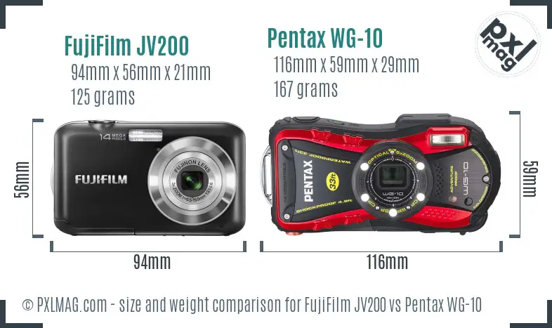 FujiFilm JV200 vs Pentax WG-10 size comparison