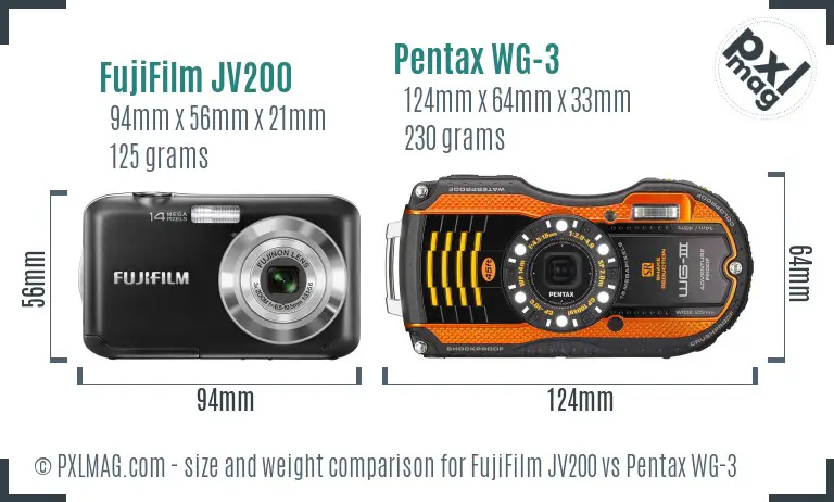 FujiFilm JV200 vs Pentax WG-3 size comparison