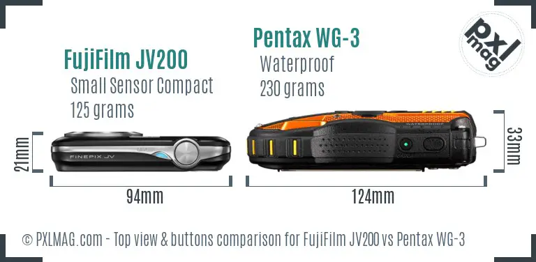 FujiFilm JV200 vs Pentax WG-3 top view buttons comparison