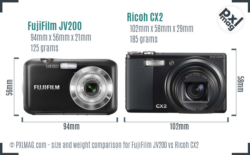 FujiFilm JV200 vs Ricoh CX2 size comparison