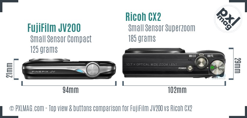 FujiFilm JV200 vs Ricoh CX2 top view buttons comparison
