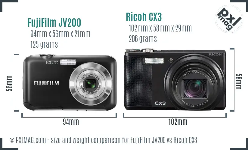 FujiFilm JV200 vs Ricoh CX3 size comparison FujiFilm JV200 vs Ricoh CX3 size comparison