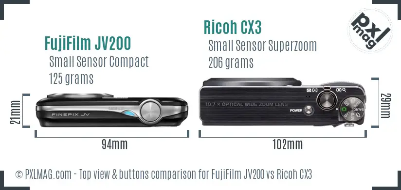 FujiFilm JV200 vs Ricoh CX3 top view buttons comparison FujiFilm JV200 vs Ricoh CX3 top view buttons comparison