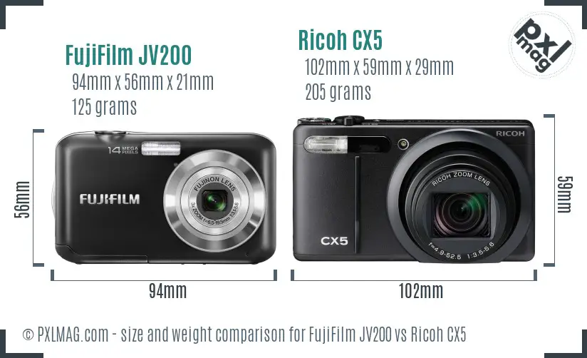 FujiFilm JV200 vs Ricoh CX5 size comparison