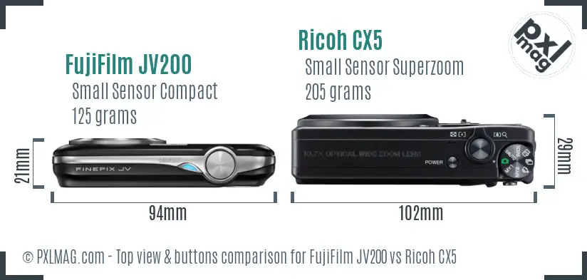 FujiFilm JV200 vs Ricoh CX5 top view buttons comparison