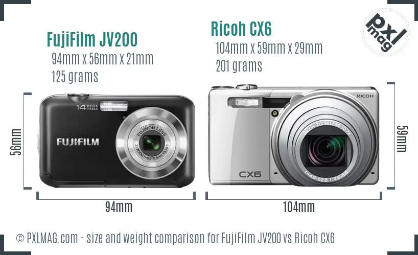 FujiFilm JV200 vs Ricoh CX6 size comparison