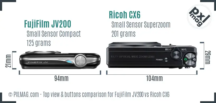 FujiFilm JV200 vs Ricoh CX6 top view buttons comparison