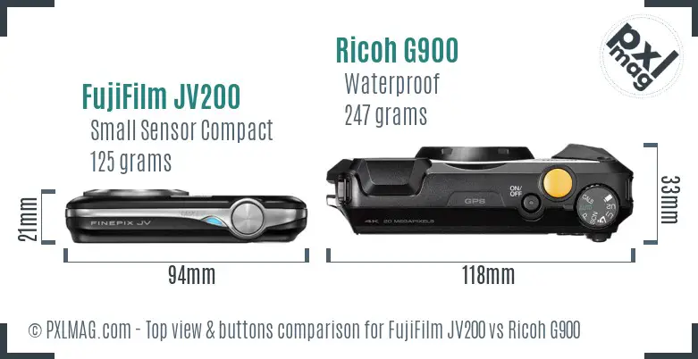 FujiFilm JV200 vs Ricoh G900 top view buttons comparison FujiFilm JV200 vs Ricoh G900 top view buttons comparison