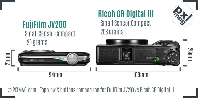 FujiFilm JV200 vs Ricoh GR Digital III top view buttons comparison FujiFilm JV200 vs Ricoh GR Digital III top view buttons comparison