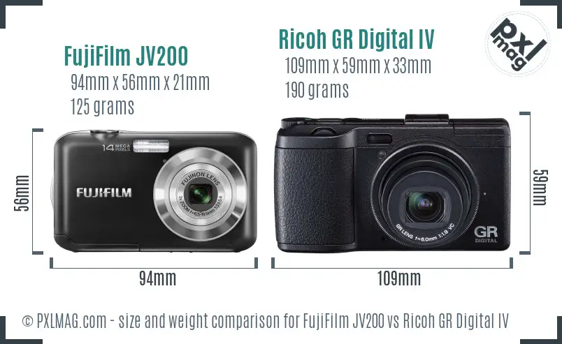 FujiFilm JV200 vs Ricoh GR Digital IV size comparison