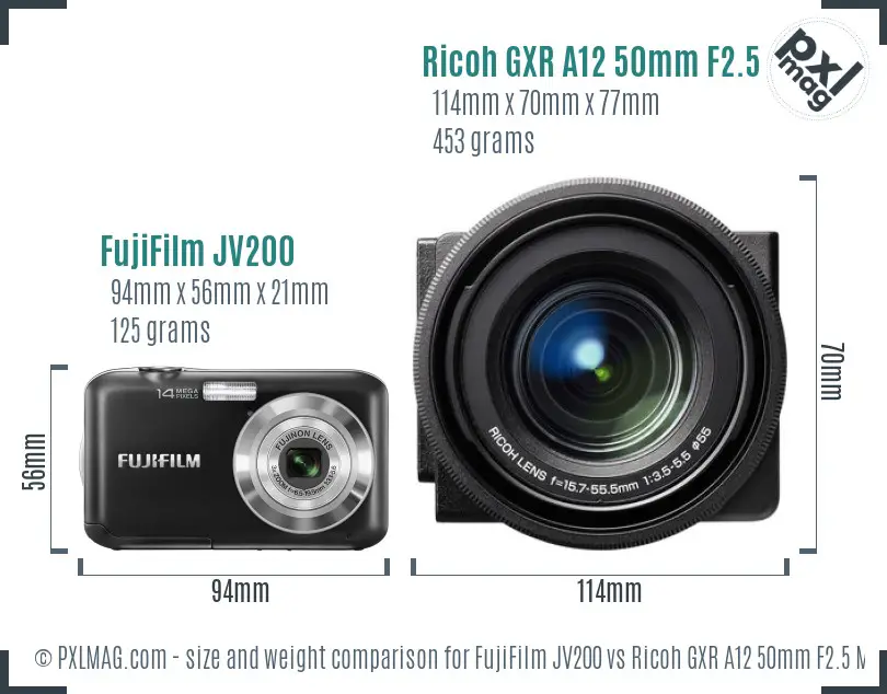 FujiFilm JV200 vs Ricoh GXR A12 50mm F2.5 Macro size comparison