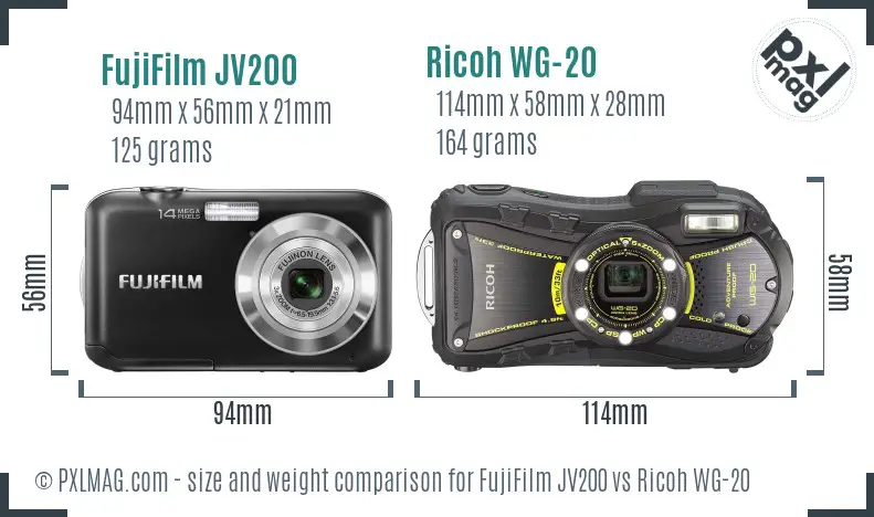 FujiFilm JV200 vs Ricoh WG-20 size comparison