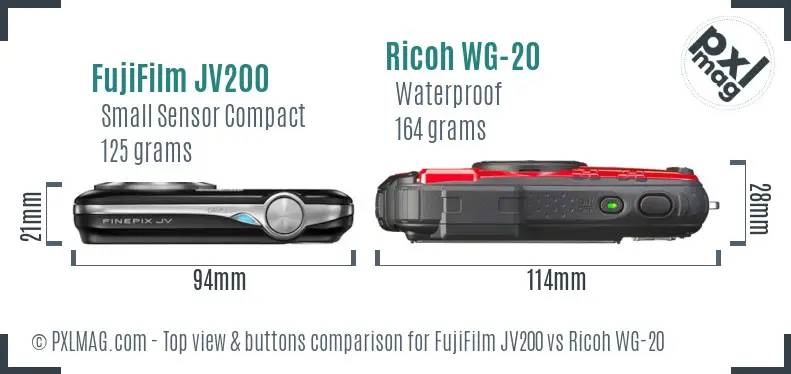 FujiFilm JV200 vs Ricoh WG-20 top view buttons comparison