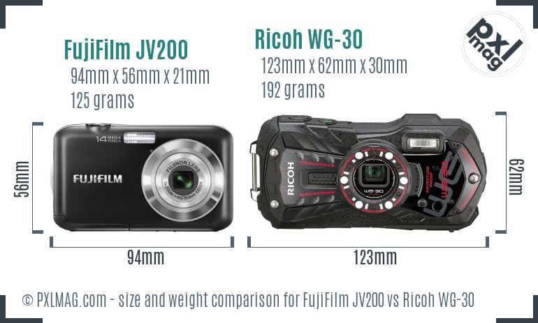 FujiFilm JV200 vs Ricoh WG-30 size comparison