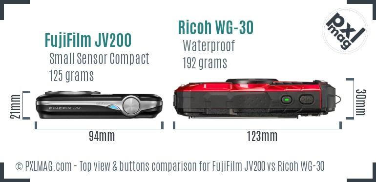 FujiFilm JV200 vs Ricoh WG-30 top view buttons comparison